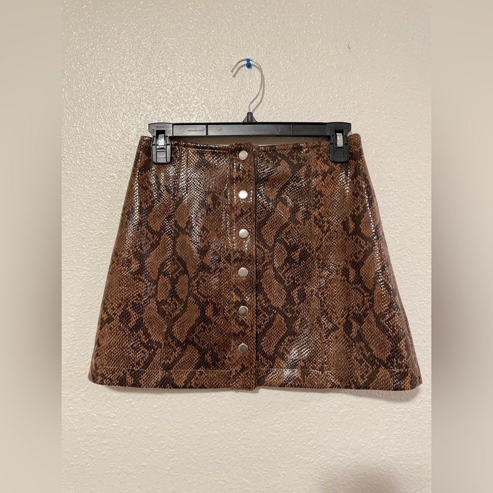 Brown Snakeskin Button Front Mini Skirt